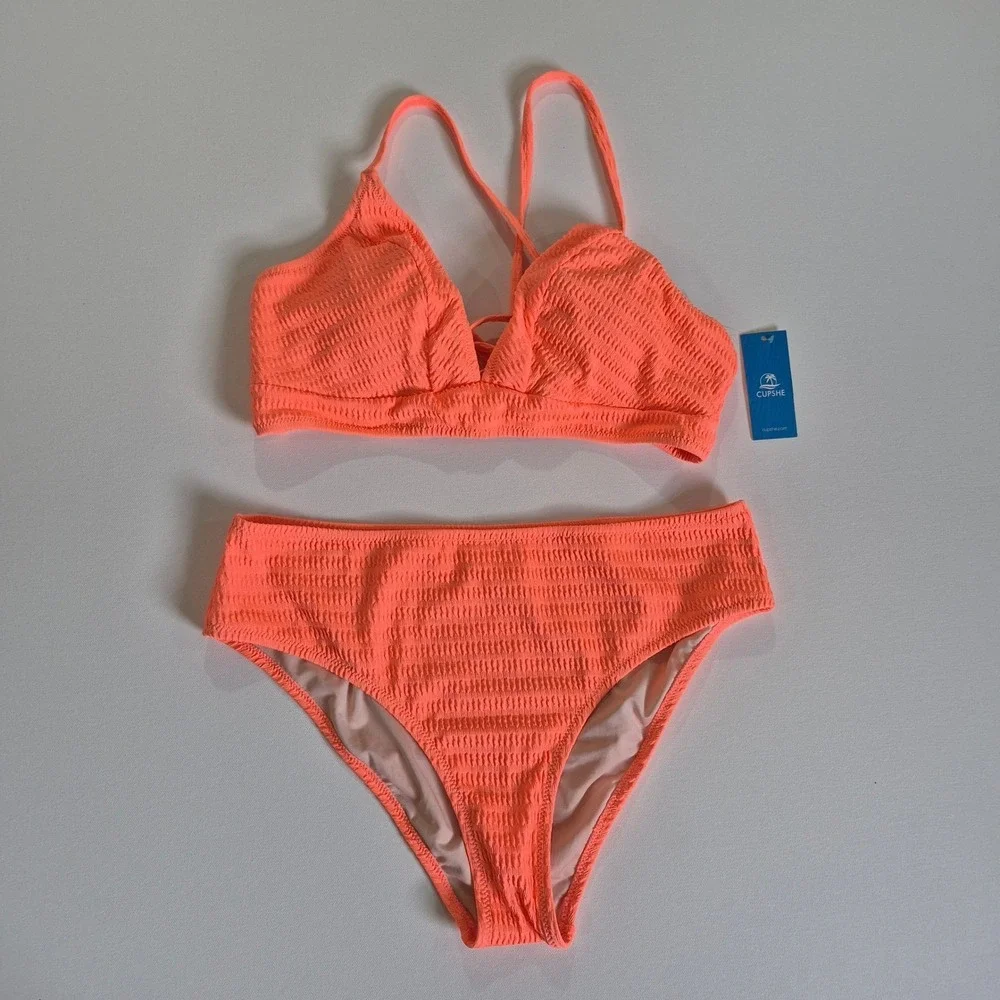 Cupshe Womens Neon Orange Smocked High Waisted Bikini‎ Set Size L New With Tags